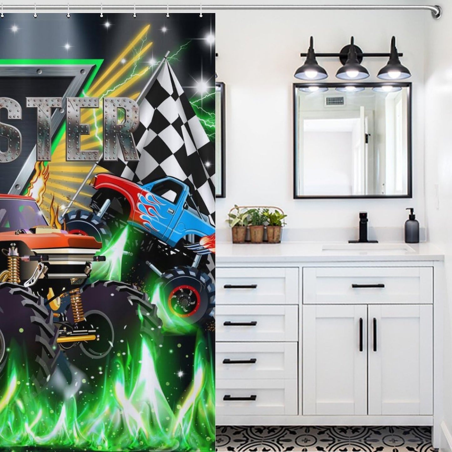 Lnepty Racing Car Kids Shower Curtains,3D Fleet Racing Car Stadium Game Cool Monster Truck Theme Decor Curtains Waterproof Fabric Bathroom Shower Curtain Set with Hooks,72x72Inch