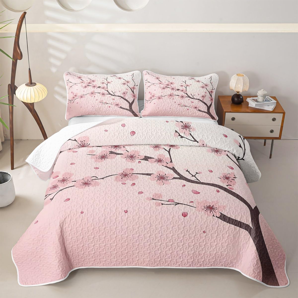 Erosebridal Girl Cherry Blossoms Quilt Queen Japanese Style Quilt SetPink Flowers Quilted Bedspread Branches Plant Floral Bedding Coverlet with 2 Pillowcases
