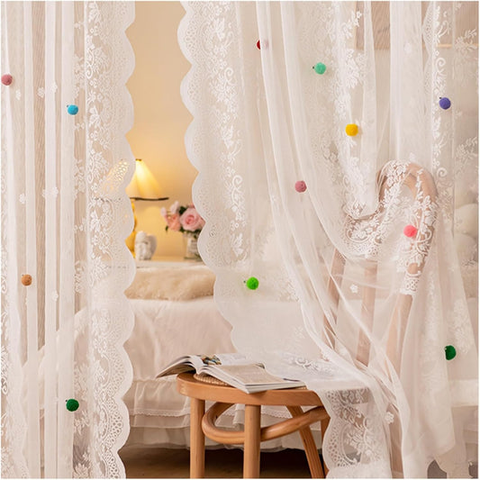 AOWELLOW Colorful Pom Pom Lace Curtains for Bedroom, Modern Floral Embroidered Window Drapes, Rod Pocket Decorative Curtains for Kids Room, Living Room 2 Panels(52" W x 63" L)