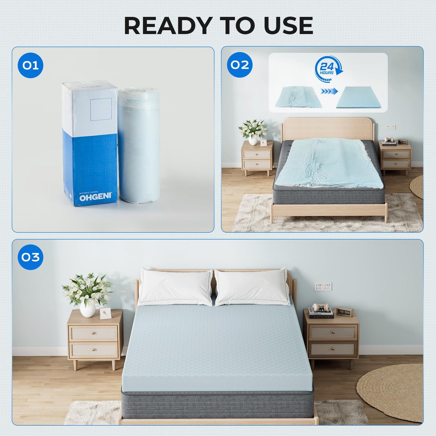 OhGeni 2 Inch Full Memory Foam Mattress Topper Pad with Cover, Soft Bed Cover with Anti-Slip Base, Enhanced with Cooling Gel，Premium Comfort for Sleep & Back Pain Relief, Removable & Washable