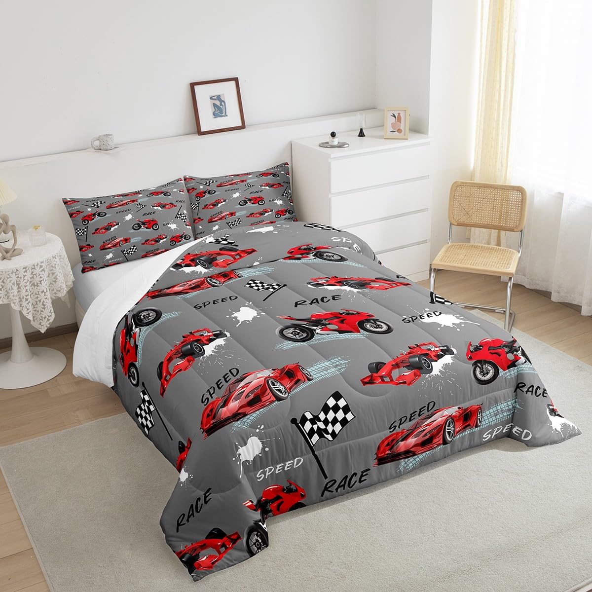 Feelyou Kids Red Grey Race Car Comforter Set Twin Size, Speed Sports Car Comforter Boys Girls Dirt Bike Motocross Bedding Set Racing Car Teens Duvet Set Bedroom Decor with 1 Pillow Case