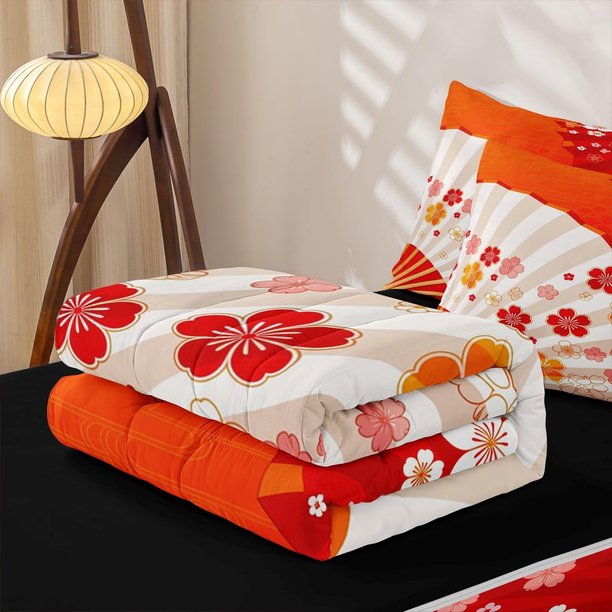 Erosebridal Japanese Style Fan Zipper Bedding Twin Size, Japan Fan Cherry Blossoms Kids Comforter Set - Asian Themed Zip Up Comforter Bed in A Bag