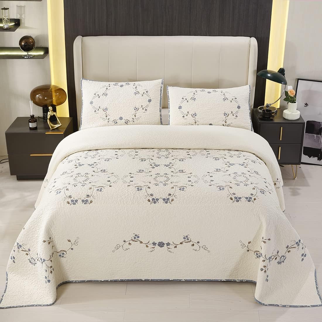 vctops 3-Piece 100% Cotton Bedspread Coverlet Set Twin Size Elegant Floral Embroidered Reversible Patchwork 1 Quilt and 2 Pillow Shams (Flower B,Twin)
