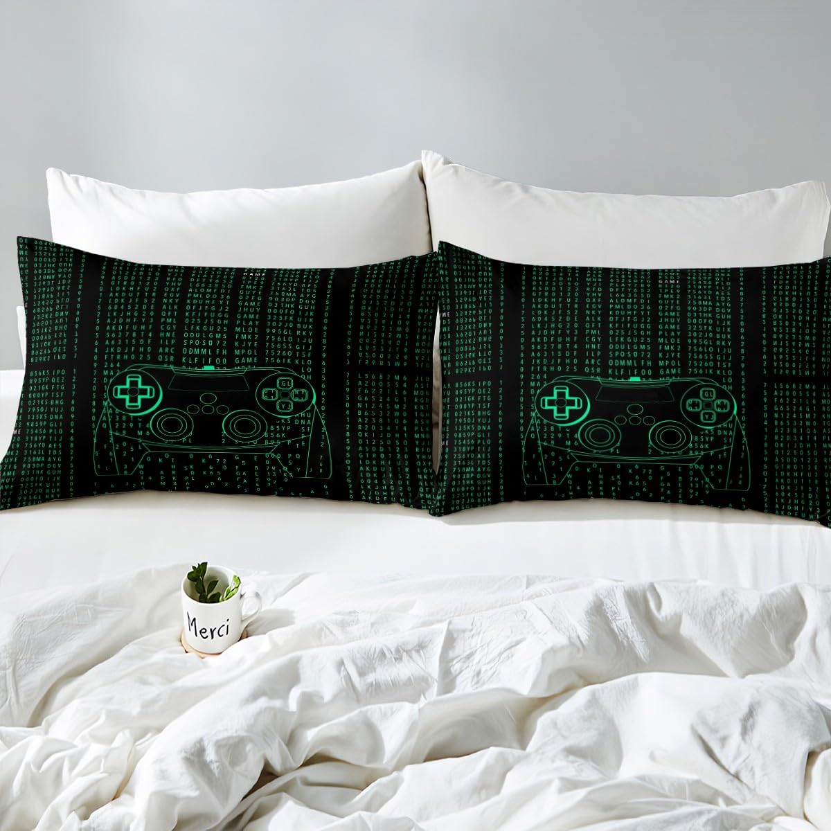 Kids Modern Gamer Bed Sheet Full Size Video Game Controller Fitted Sheet Gamepad Joystick Green Bedding Set for Boys Teens Adult Player Gaming Sheet Set Ultra Soft Room Decoration(No Top Sheet)