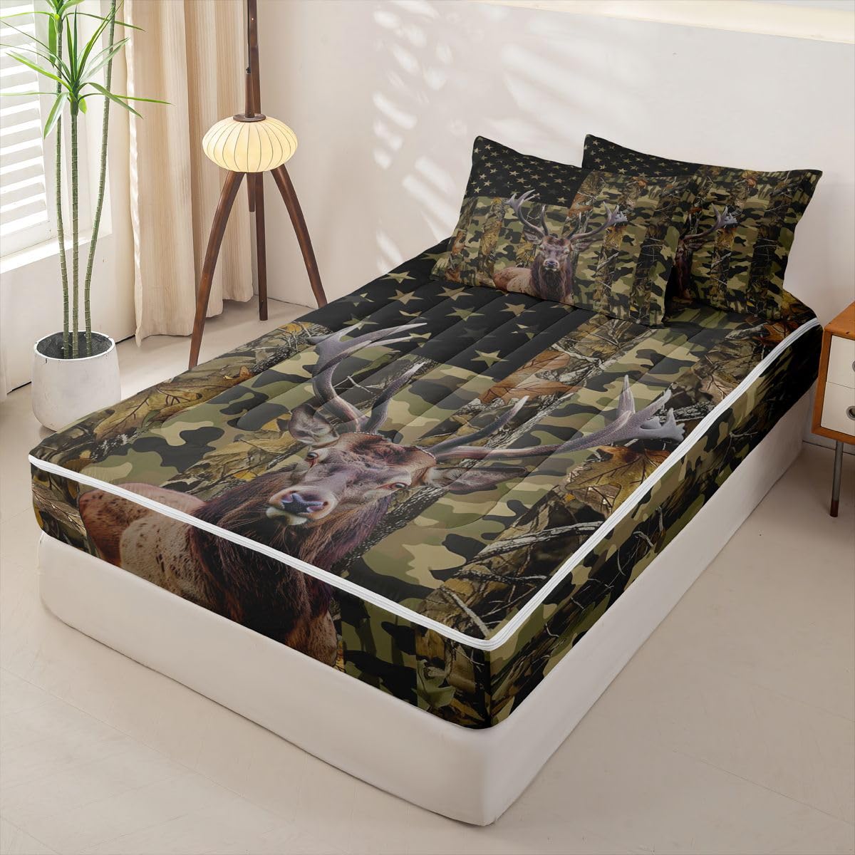 jejeloiu Deer Hunting Camo Zipper Bedding for Kids Rustic Western Deer Twin Comforter Set with Fitted Sheet 2 Pillowcases American Flag Bed in a Bag Green Camouflage Soft Lightweight Microfiber