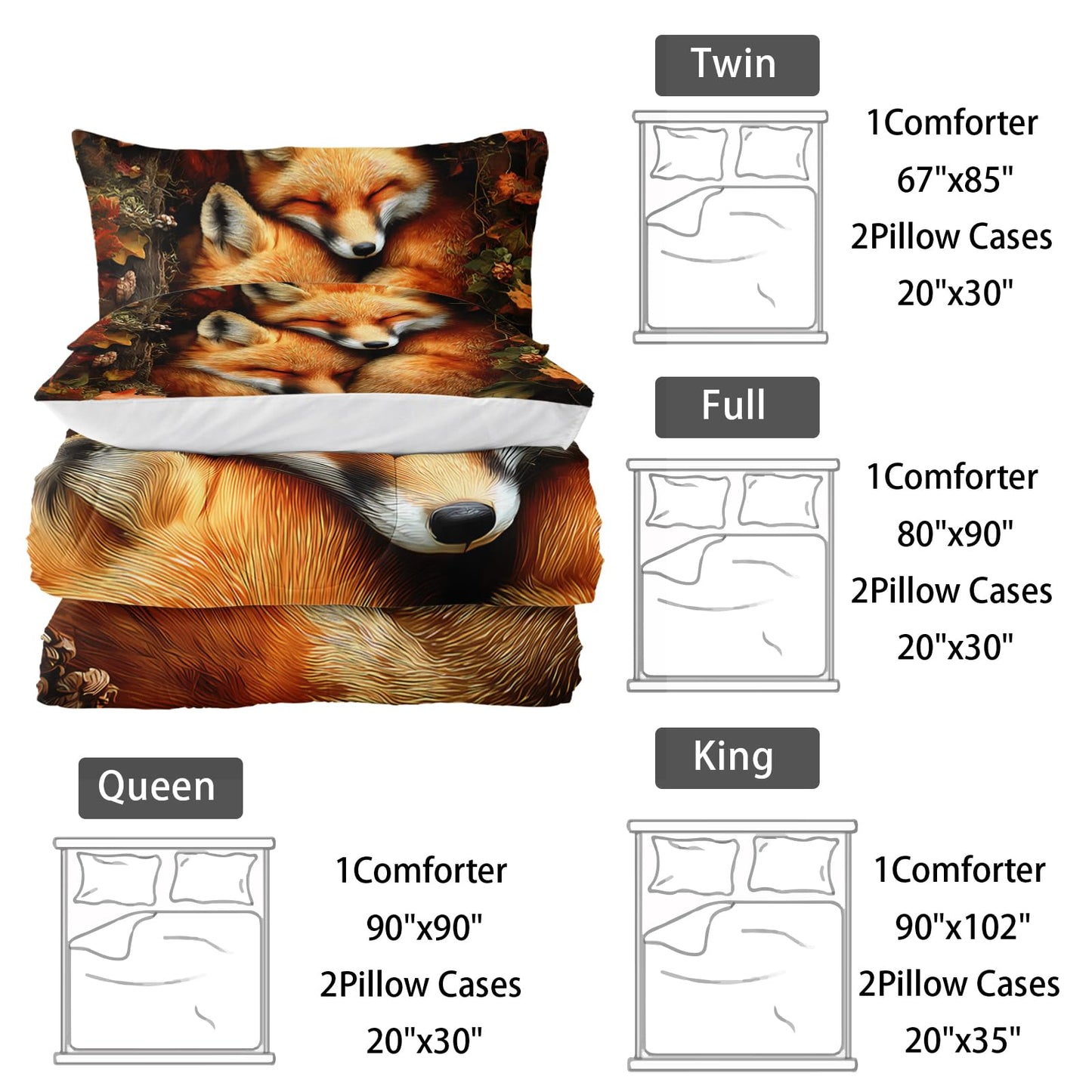 Nttopship Fox Comforter Set 3-Pieces Full Size,Cute Foxes Bedding Set for Kids Boys Girls Cute Animal Comforter Wildlife Quilt Set 3D Animal Plants Leaves Printed ThemeComforter with 2 Pillowcases