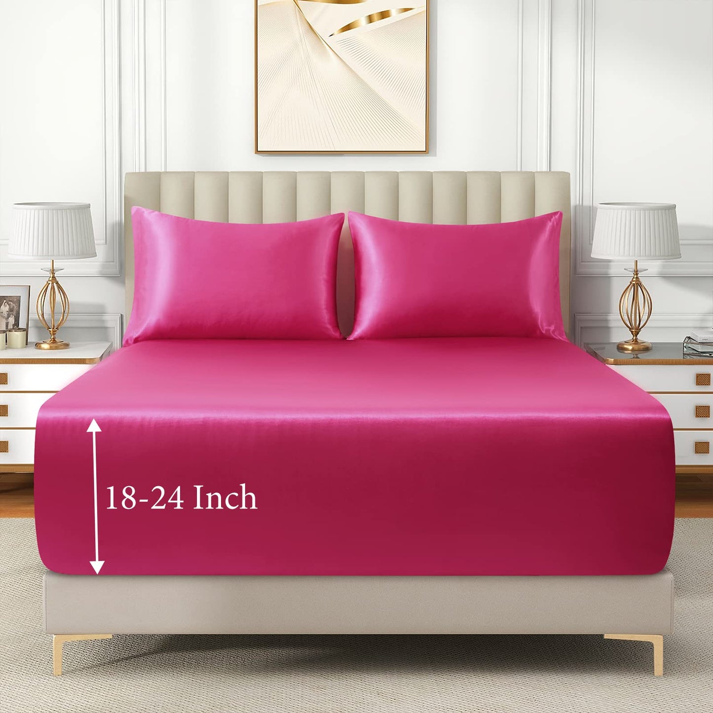 VACVELT 3pcs Extra Deep Pocket Satin Fitted Sheet Set King Bed Set, Hot Pink Bottom Sheet Fit 18-24 Inch Deep Pocket Mattress, Silky Bedding Set Soft & Ultra Deep Fitted Sheet & 2 Pillowcase