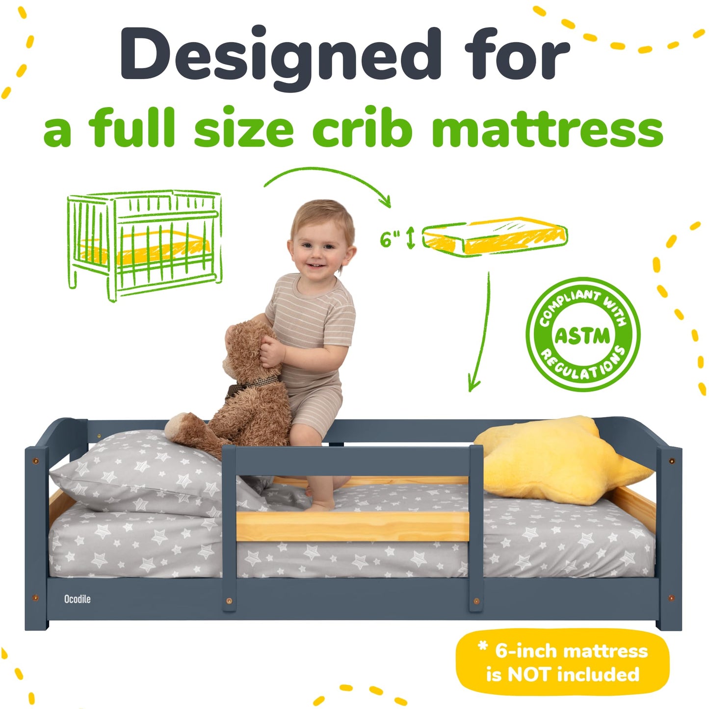Ocodile Toddler Bed with Rails | Low Montessori Floor Bed Frame for Kids | Standard Crib Size Wooden Frame for Independent Toddlers 1-3 - Gray