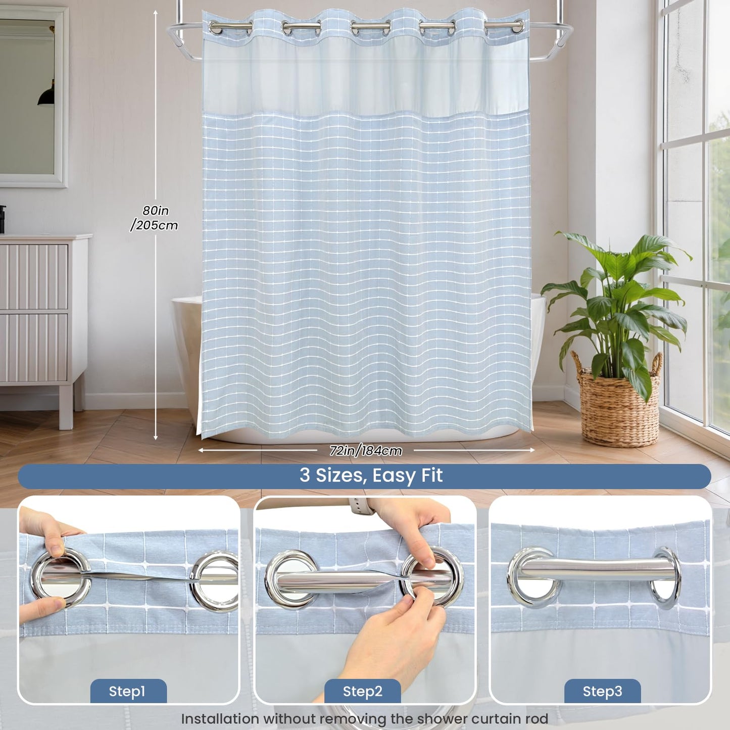 DRIFTED ROOT No Hook Shower Curtain Set with Snap-in Detachable Liner and Mesh Top Window, Grid Jacquard Fabric, Water-Repellent, 4 Hem Magnets, Side Suction Cups, Blue, 72 x 80 Inch