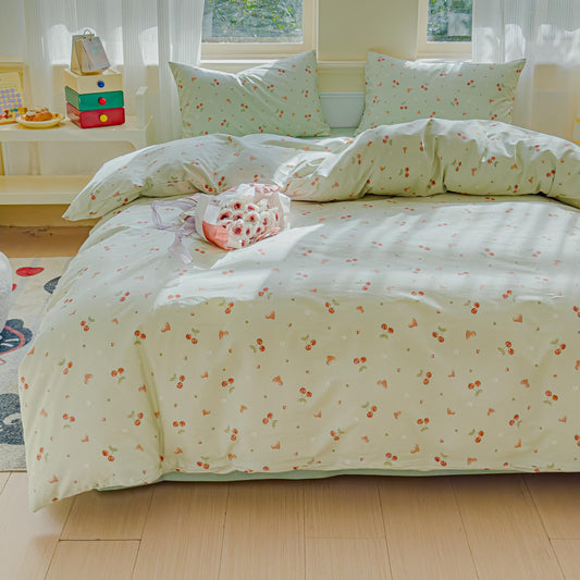 LIWHENHAO Duvet Cover Set Queen 100% Cotton Bedding Red Cute Cherry Heart Fruit Print 1 Light Green Cottagecore Comforter Cover Full 2 Pillowcases for Kids Girls Boys Woman