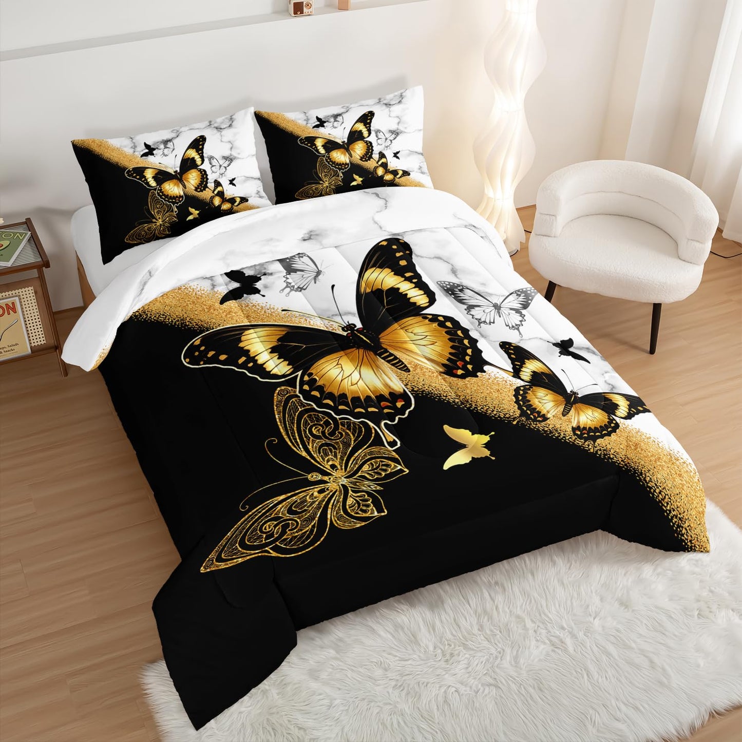 UEVBF Kids Bedding Queen Size Comforter Set,Black and Gold Butterfly Bedding Comforter Sets for Boys Girls Room Decor,Animal Themed Artistic Aesthetic Bedding Sets with 2 Pillowcases.