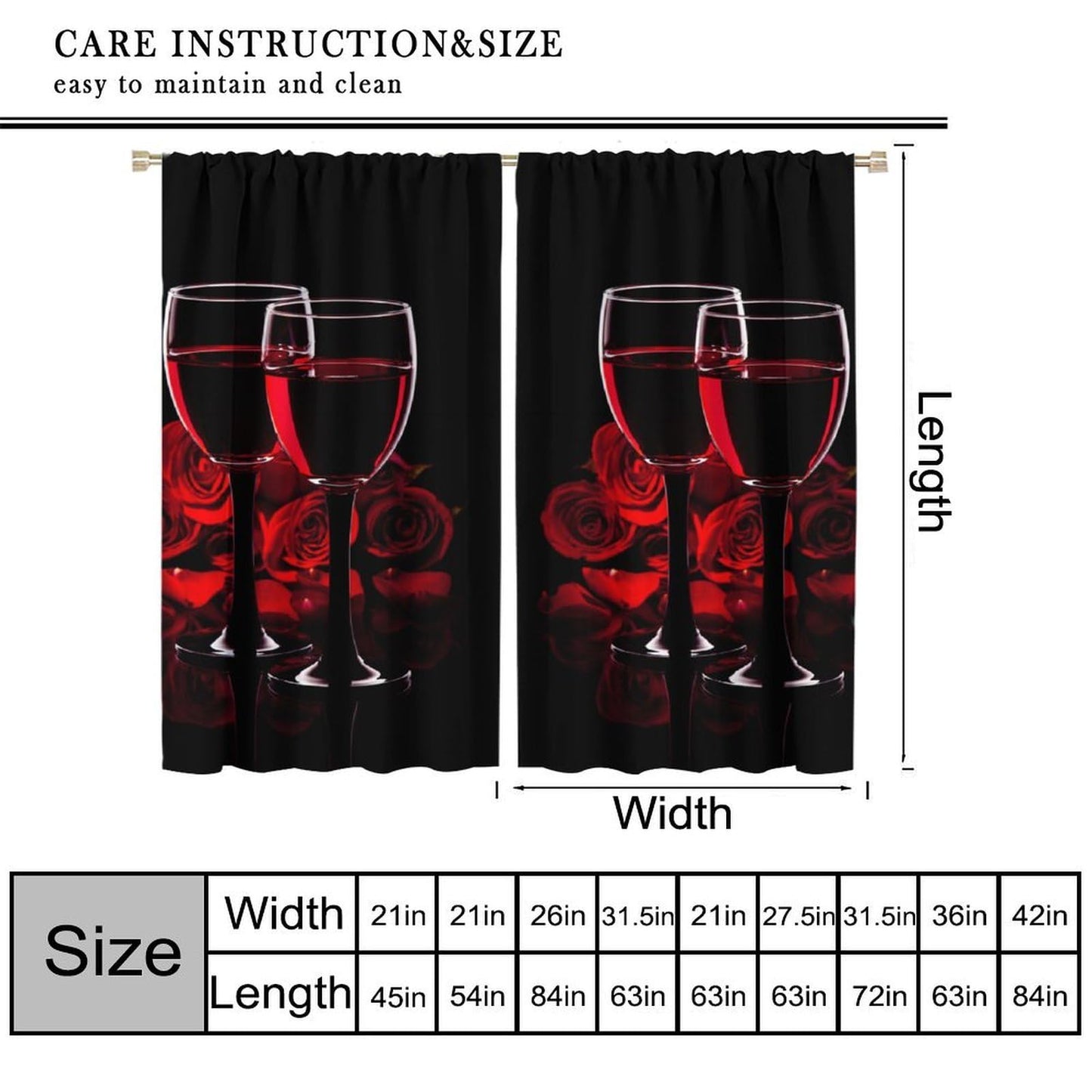 Wine Rose Curtains, Red Wine Glass Rose Floral Print, Light Filtering Window Drapes for Bedroom Dining Room Living Room, 20.5" W x 44.5" L, 2 Panels （No Blackout）