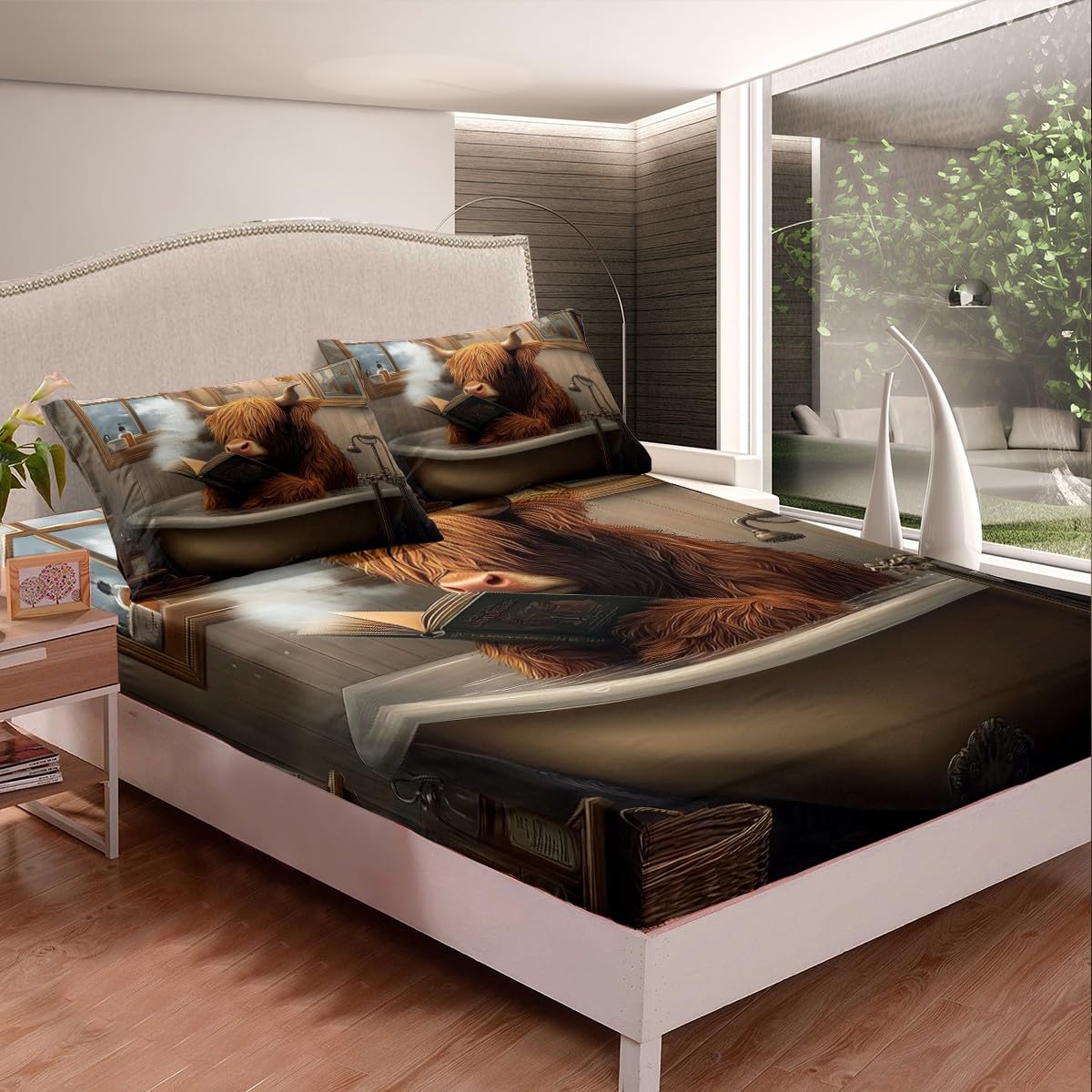 Highland Cow Bedding Sets Full Size,Western Animal Bed Sheets 4Pcs for Kids Girls Boys Adult Bedroom Decor,Funny Bath Theme Fitted Sheet Brown Rustic Cow Pattern Top Flat Sheet,2 Pillowcases