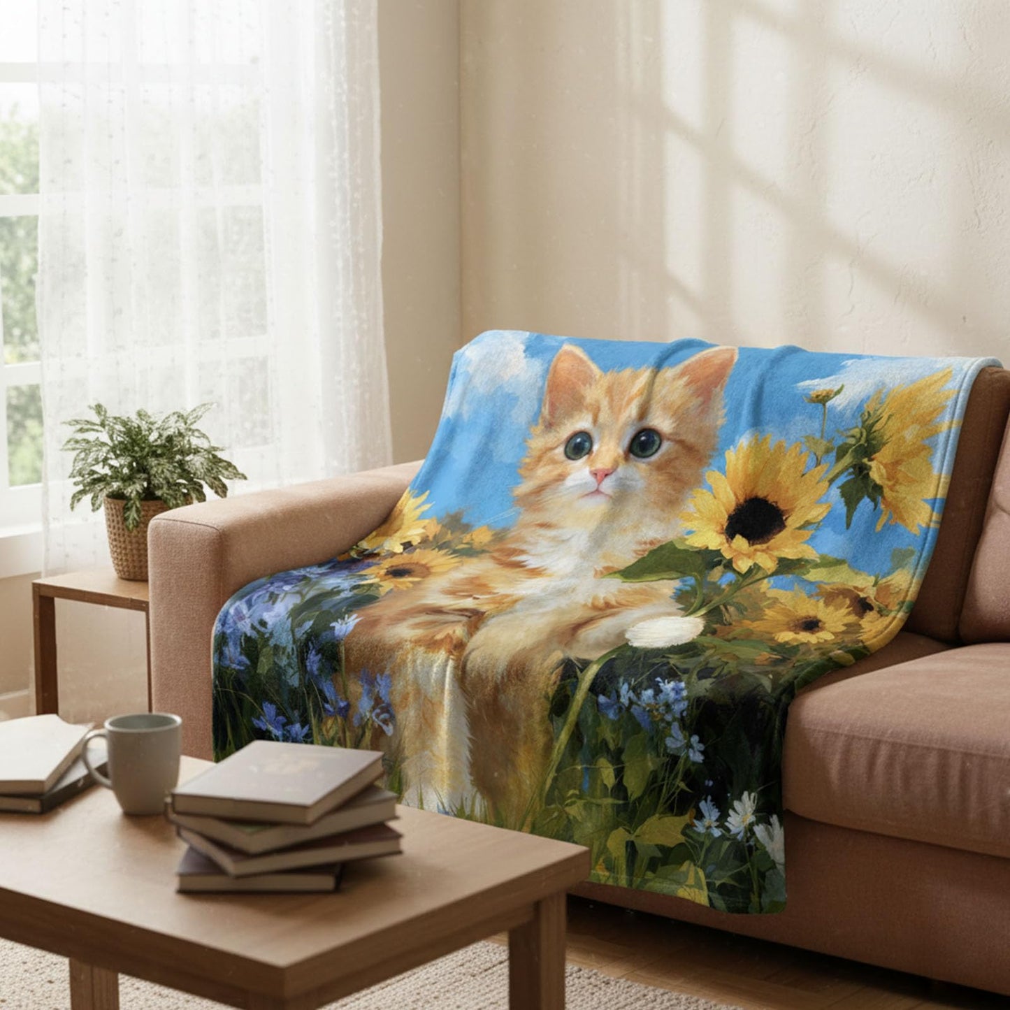 kampdream Orange Cat and Sunflower Flannel Blanket Throw, Super Soft Cozy Nap Blanket with Fun Animal Pattern for Sofa Travel and Camping, for All Seasons 50"x60" inch Yellow Blue Kitty