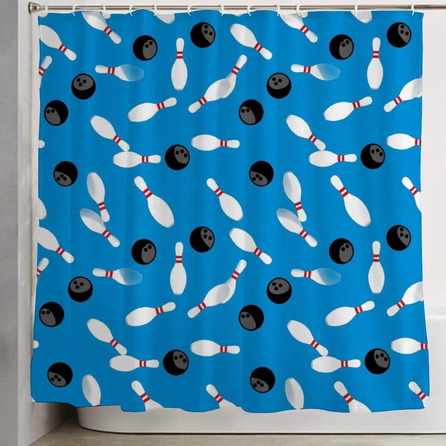 Meaudiwes Classic Bathroom Decoration Shower Curtain Set with Curtain Hooks Sport Bowling Ball Pins Blue, 72"x 70"