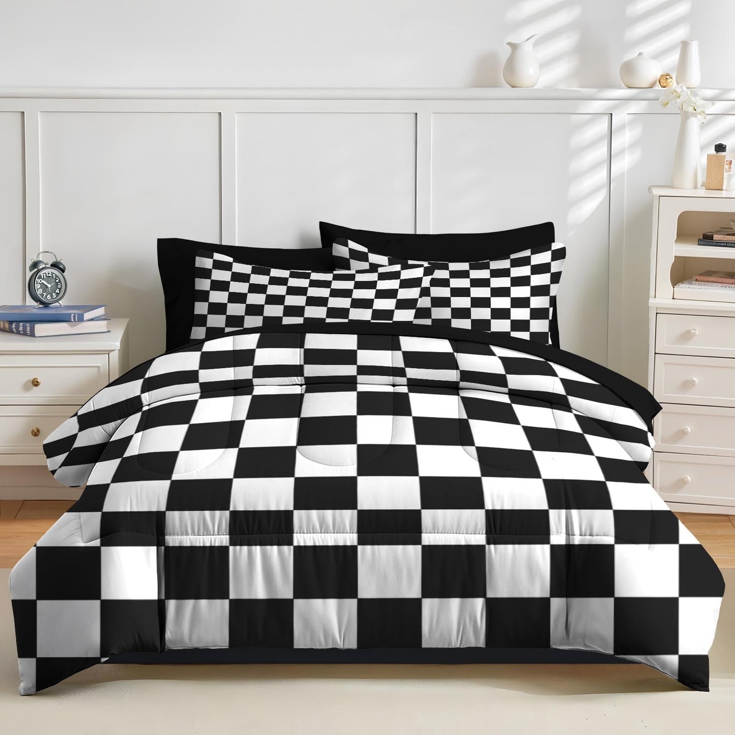 Nesker Comforter Set King Size, Black and White Plaid Geometry 7 Pcs Bedding for Kids and Adults, Checkerboard Grid Black Bed Sheet Sets with Fitted Sheet 2 Pillowcases & 2 Shams