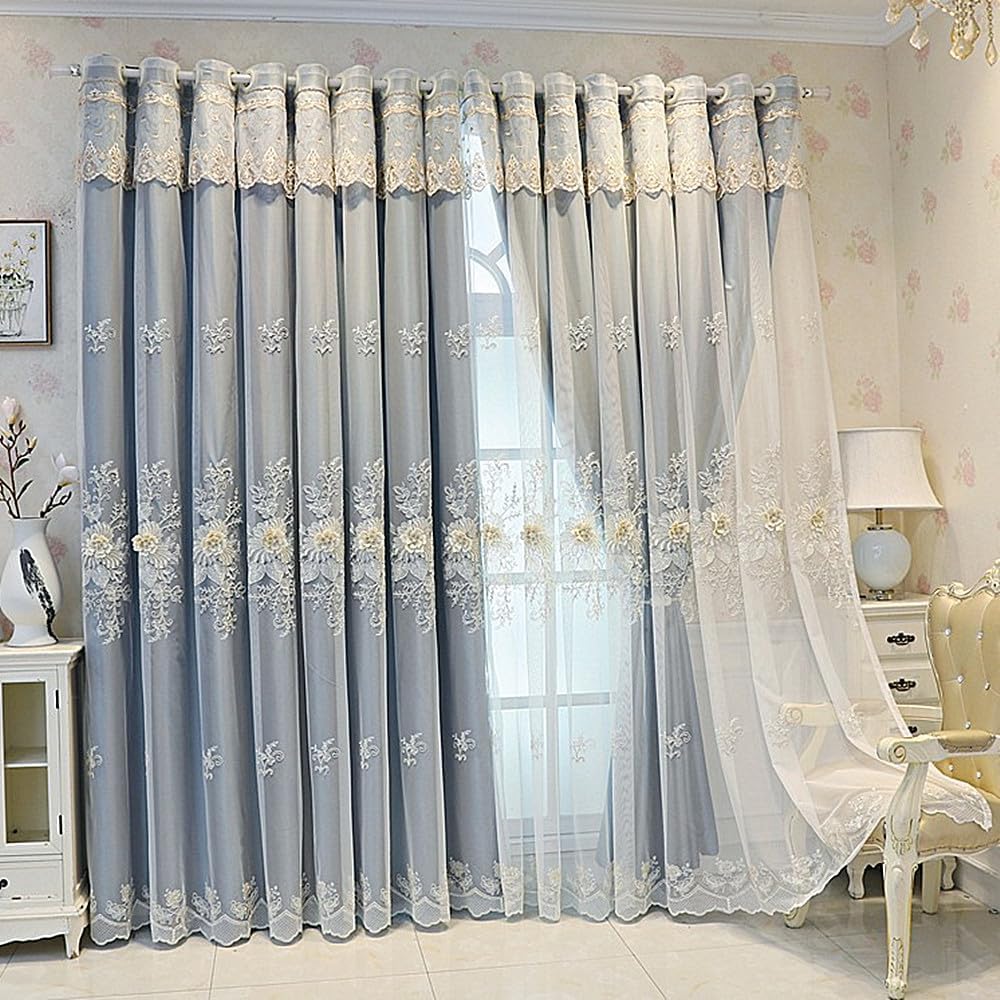 Amidoudou 1 Pair Luxury European Curtains with Valance for Living Room Bedroom Double Layer Embroidered Blackout Curtains (Dark Blue,51x96 Inch)