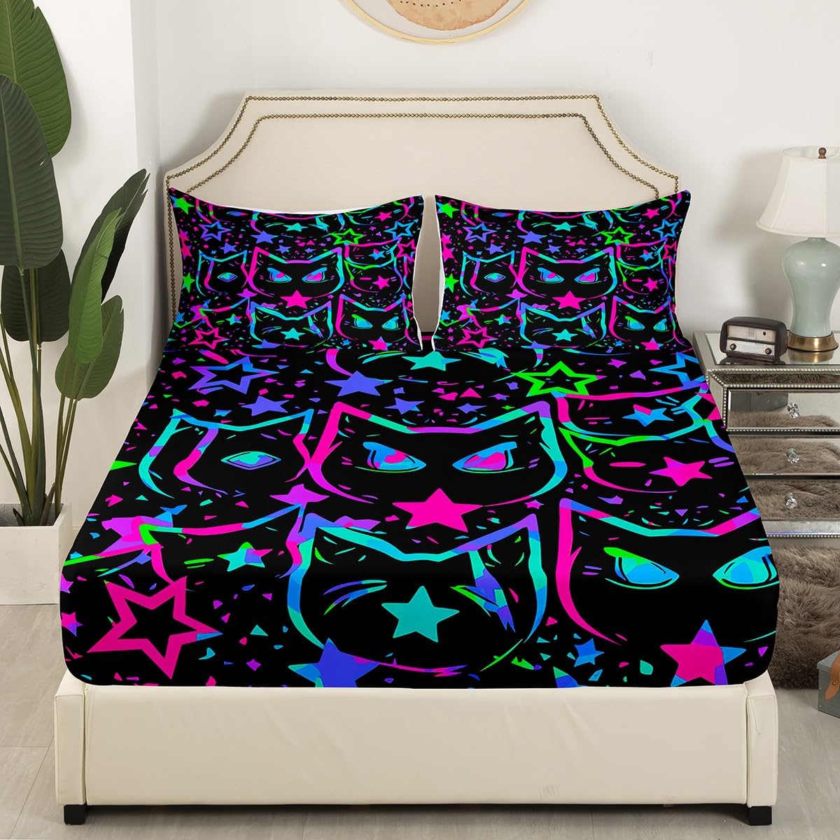 Erosebridal Cartoon Cat Sheet Set, Black Cat Bed Sheets Set for Kids Girls Boys Teens, Ombre Glowing Neon Stars Sheets, Kawaii Kitten Flat Fitted Sheet, Gradient Galaxy Bed Set All Season, Full 4Pcs