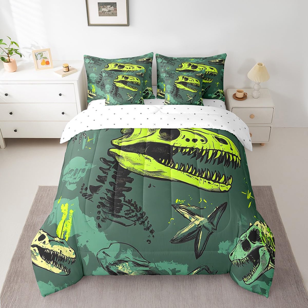 Erosebridal Dinosaur Comforter Set 7 Piece Bed in a Bag Twin,Goth Dino Bone Bedding Sets Gothic Sugar Skull Sheet Set with Comforter,Jungle Wild Animals Skeleton Bed Set