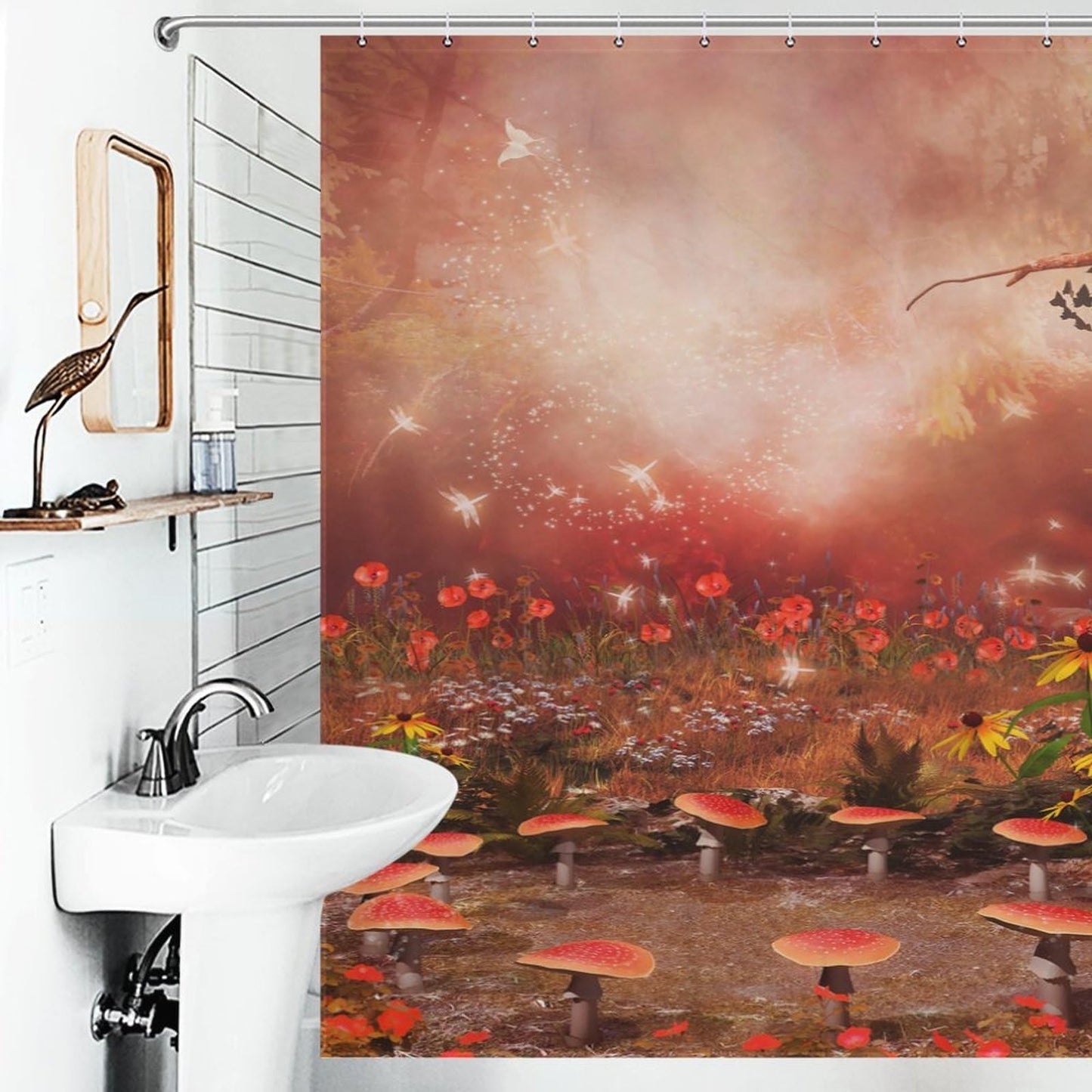 TYVGICZ Fantasy Forest Bath Curtain Fairy Magical Jungle Mushroom Floral Tree Butterfly Lantern Wonderland Nature Plant Shower Curtain for Bathroom Laundry Room Home Bedroom Decor,66x72 Inch