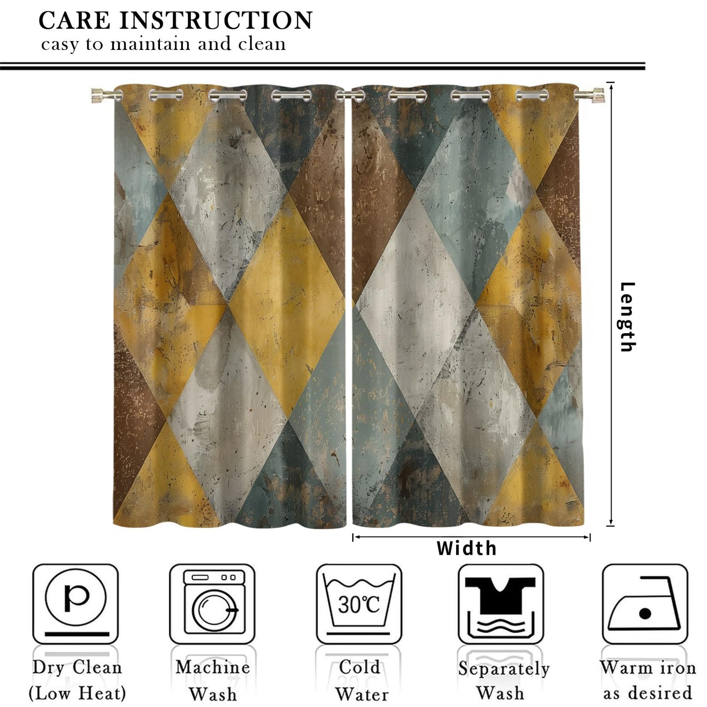 XAFIAUR Geometry Blackout Curtains, Rhombus Art Printed Drapes, Retro Geometry Thermal Insulated Drapes 2 Panels Darkening Window Curtain for Bedroom Living Room 31.5" W x 63" L x2