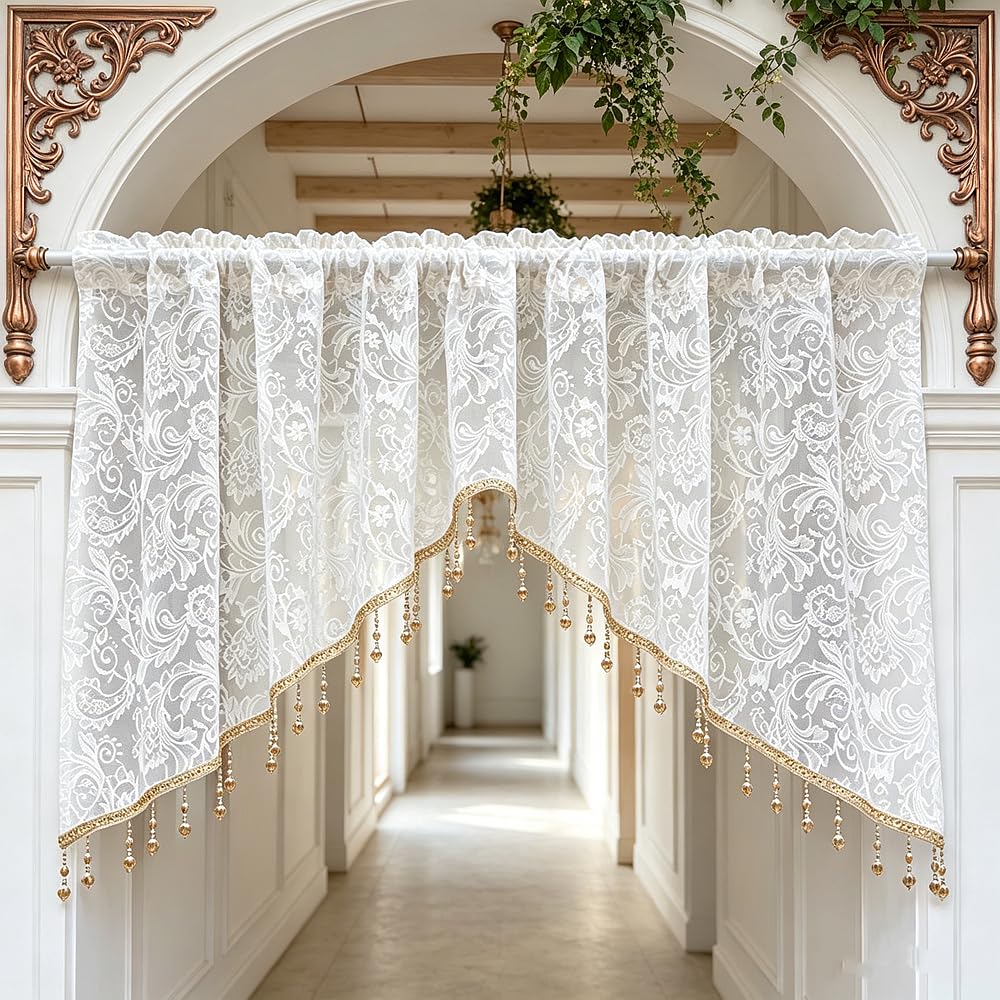 Luxury Victorian Floral White Lace Swag Valance for Arched Door
