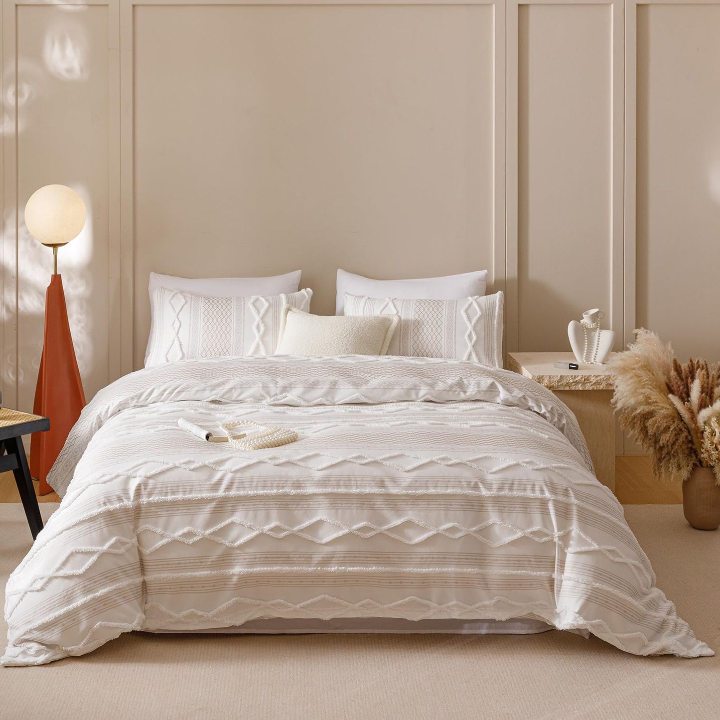 KAREVER Ivory Boho Comforter Set Full Mixed Textures Jacquard Bedding Set Durable Chic and Stylish Bedroom Set