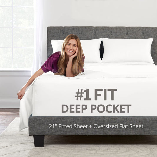 Extra Deep Pocket King Size Sheets – 21” King Sheet Sets Deep Pocket – [4 Piece Set] King Bed Sheets Oversize Flat Sheet, Fitted Sheet, 2 Zippered Pillowcases – 18”–23” Deep Pocket King Sheets – White