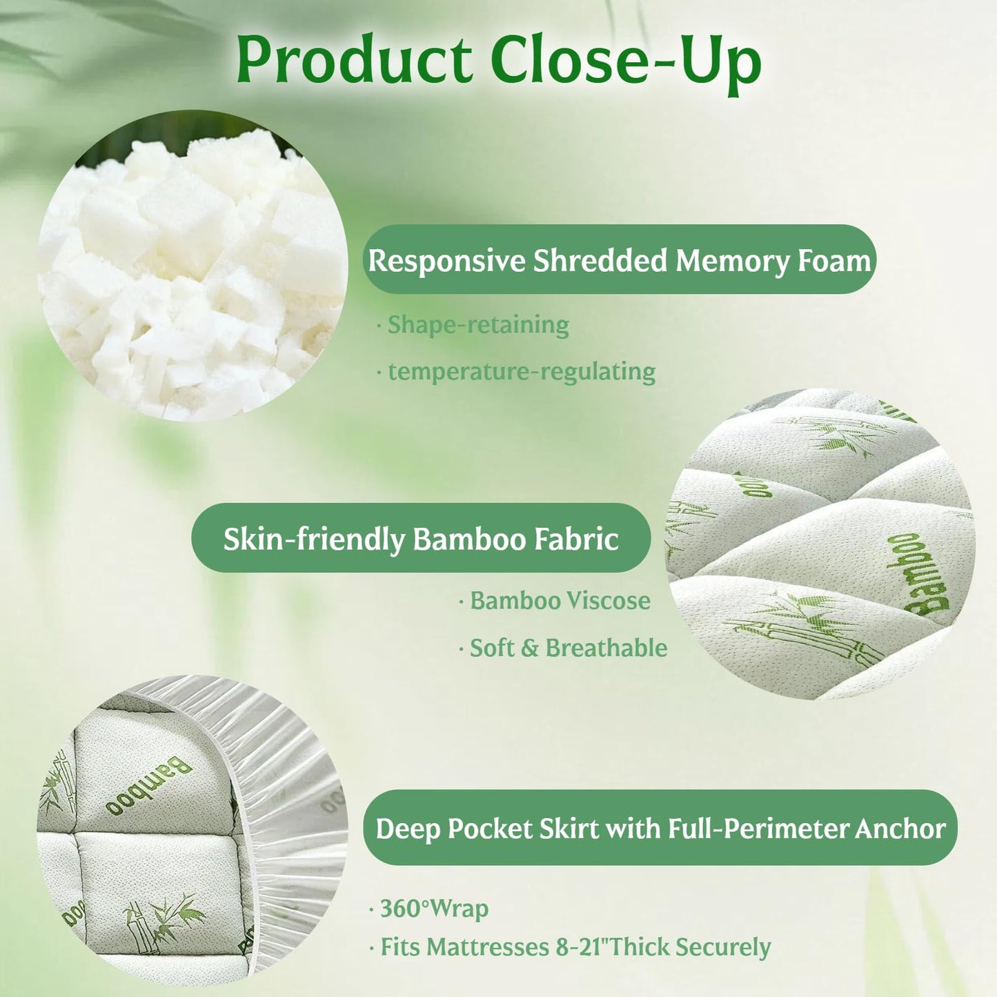 NightHug Bamboo Mattress Topper Queen Size with Deep Pocket 1700 GSM Fill Cooling Shredded Memory Foam Mattress Pad Rayon Derived from Bamboo, Ideal for Side Sleepers, Back Pain, Hot Sleepers