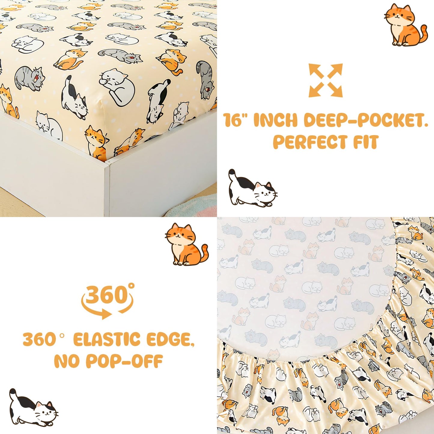 MICORAL Kids Twin Sheet Set, 3 Pieces Sheets for Boys & Girls, Soft Printed Microfiber Bed Sheets, Deep Pocket Cozy Toddler Bedding Set, Beige Cats