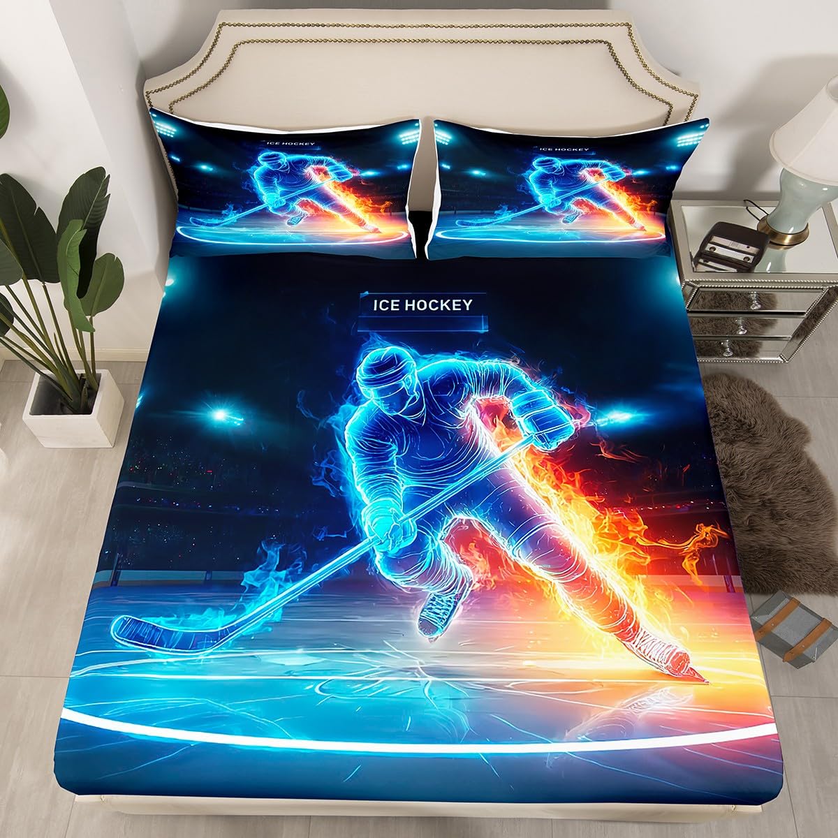 Ice Hockey Fitted Sheet Queen,Ice Fire Athlete Bedding Set 3pcs for Kids Teens Boys Girls Room Decor,Game Sport Bed Cover Modern Bed Sheet Set with 2 Pillowcases