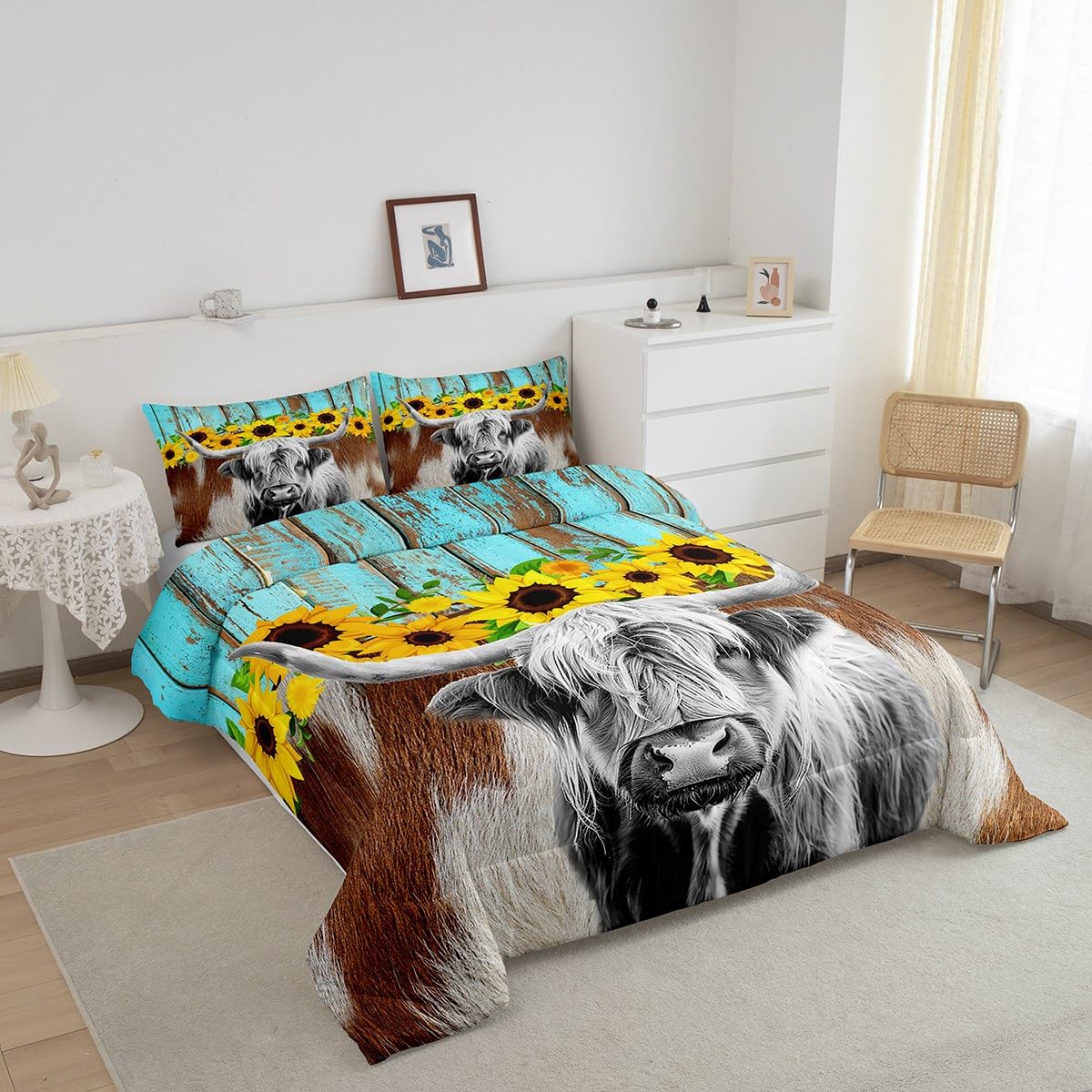 Manfei Cattle Comforter Set Twin Size, Brown White Cow Print Quilt Set with 1 Pillowcase, Yellow Flower Bedding Set 2pcs for Kids Boys Girls Room Decor, Rustic Blue Plank Duvet Insert