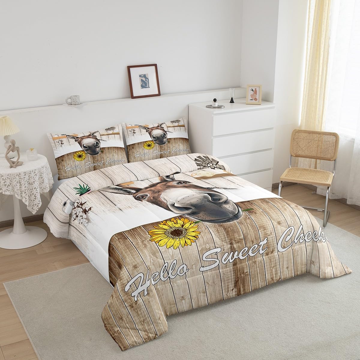 Manfei Cute Donkey Comforter Set Twin Size, Farm Animal Theme Bedding Set 2pcs for Kids Boys Teens Bedroom Decor, Rustic Style Wooden Stripe Print Quilt Set with 1 Pillowcase