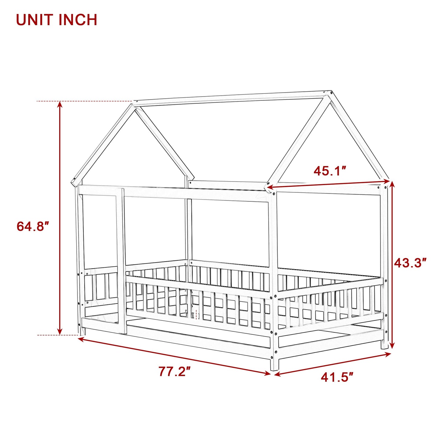 PVWIIK Twin Montessori Floor Bed with High Rails & Roof for Kids Bedroom,High Rails Bed Frame with Fence,No Box Spring Needed, Grey