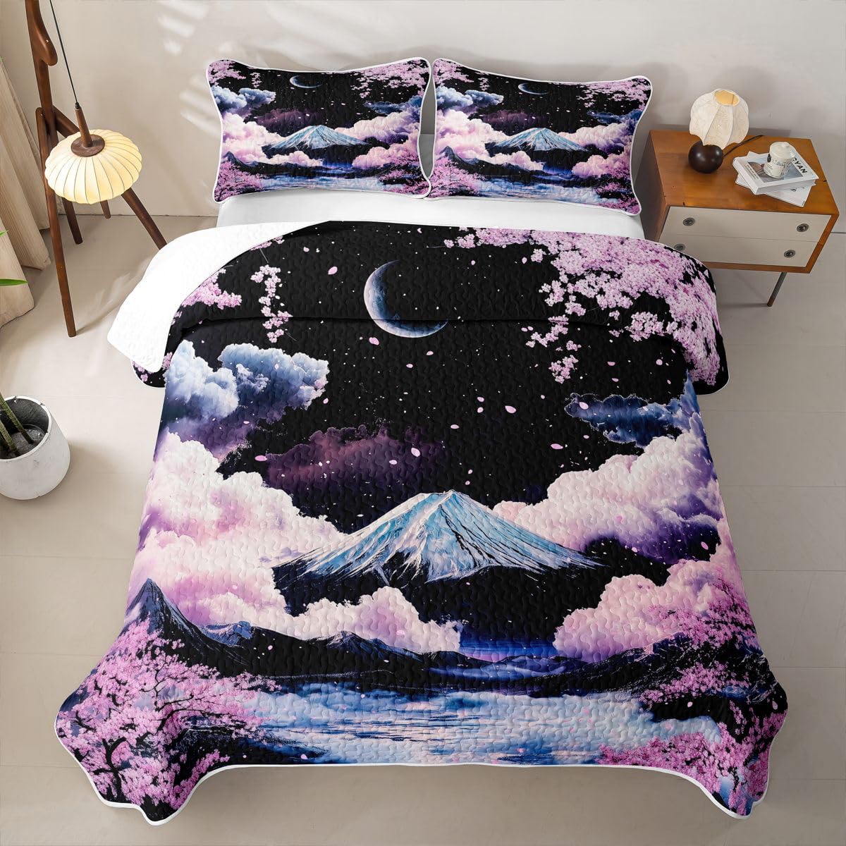 Erosebridal Japanese Cherry Blossom Quilts Twin Size - Japanese Style Bedspread Coverlet Set, Japan Mount Fuji Quilt Coverlets 2Pcs (Only 1 Pillowcase)
