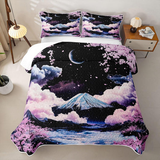 Erosebridal Japanese Cherry Blossom Quilts Twin Size - Japanese Style Bedspread Coverlet Set, Japan Mount Fuji Quilt Coverlets 2Pcs (Only 1 Pillowcase)