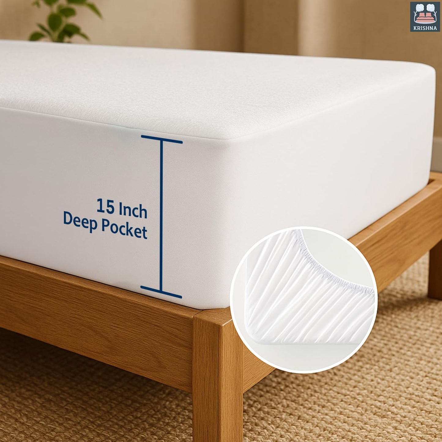 KRISHNA Queen Waterproof Mattress Protector, Cotton Terry Fitted Mattress Cover, Soft Breathable Noiseless Bed Protector, Up to 15" Deep Pocket Stretch Skirt, White