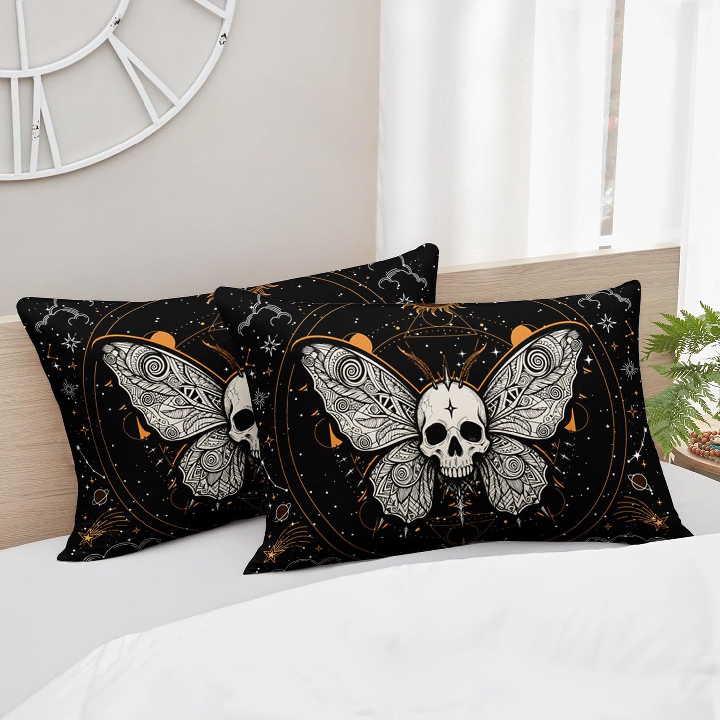 HOSIMA Butterfly Bedding Set for Girls Bedroom Set,Gothic Decor Twin Fitted Sheet Skull Boho Sun and Moon Pattern Queen Size,1 Sheet+2 Pillowcases. Yellow-a Full 55''*75''