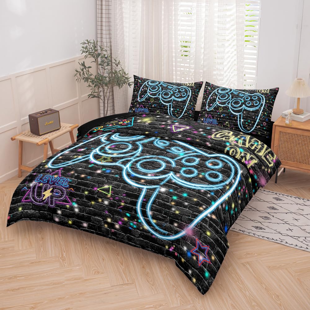 RUPSLO 5Pcs Gaming Comforter Set, Blue Lighting Effect 3D Gaming Contoller Themed Printing Gaming Bedding Sets for Kids Teen Boys,Twin Comforter Sets for Boys