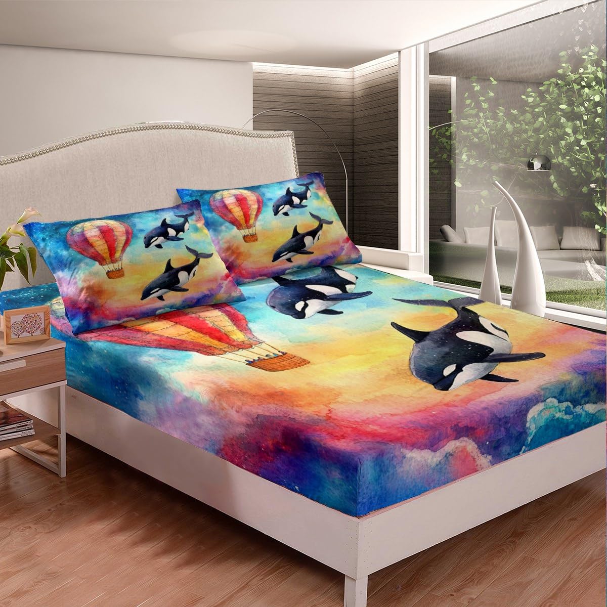 Feelyou Kids Valentine's Day Fitted Sheet Full Size, Cute Dolphin Bedding Set Rainbow Bed Sheet Set Boys Girls Romantic Teens Bed Cover Bedroom Decor Lightweight Bed Set (No Flat Sheet)