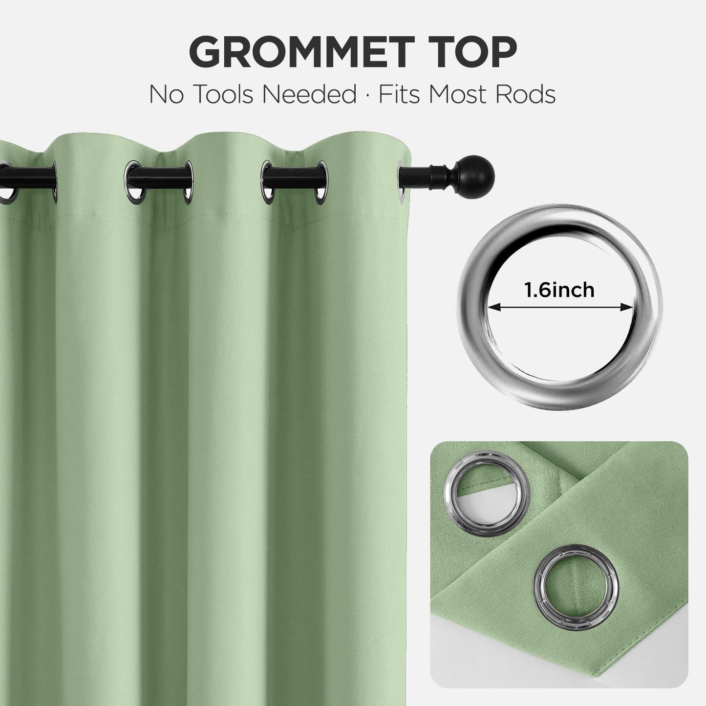 Joydeco Blackout Curtain 108 Inches Long - 100% Blackout Curtains, Grommet Noise Reduce Cancelling Mint Green Window Drapes 2 Panels Set (Mint Green,52" Wx108 L)