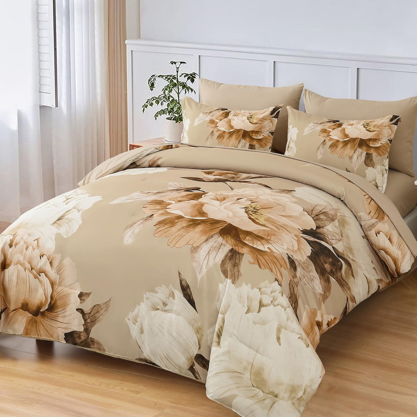 Dobuyly Khaki King Size Comforter Set 7 Piece Bed in a Bag King, Taupe Floral Fall Comforter Set with Sheets, Soft Microfiber Farmhouse Complete Bedding Set for All Season