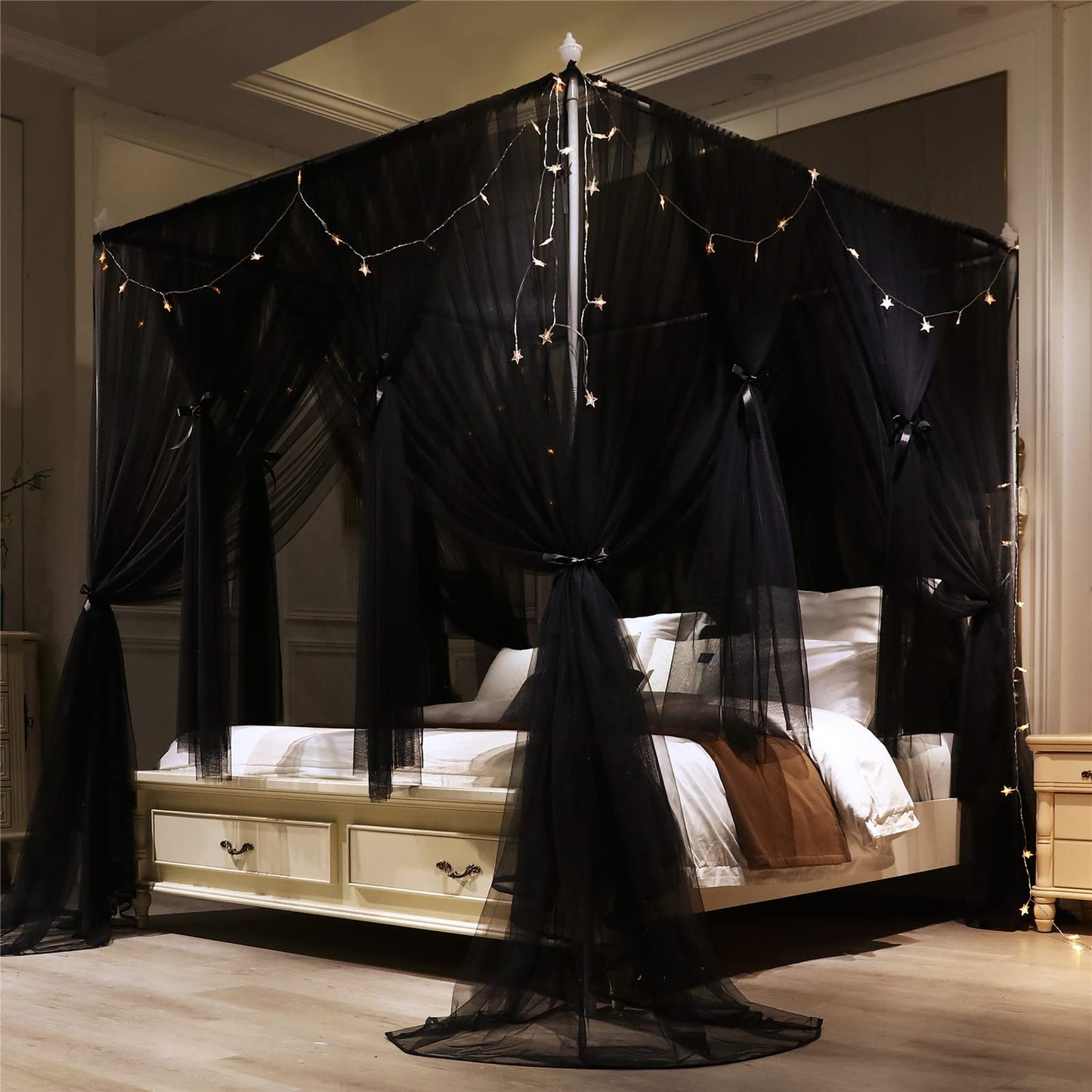 VETHIN 4 Corners Post Princess Bed Canopy Curtain Double Layer Cozy Drape Netting 4 Opening Mosquito Net for Girls & Adults Bedroom Decoration Accessories (Double Black, 78" W*86" L*82"*H/(King))