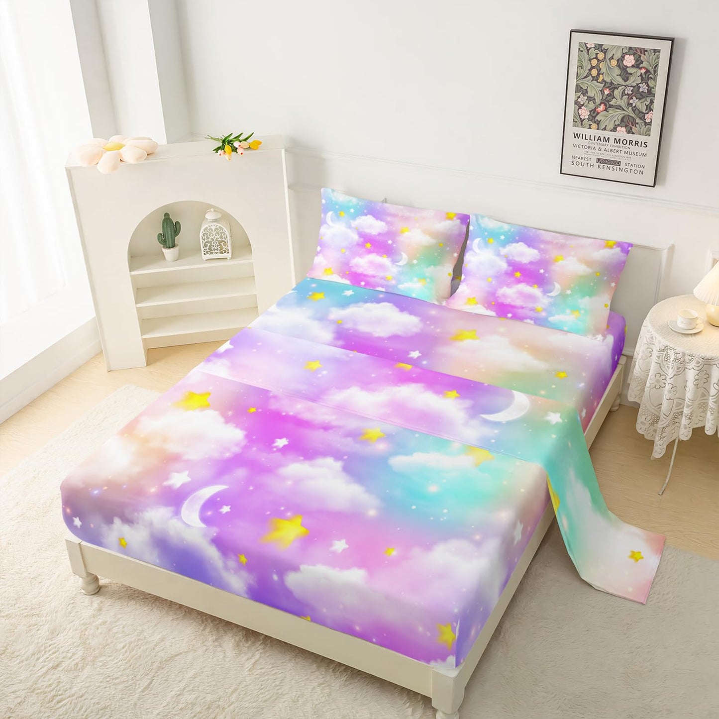 QOOMO Rainbow Clouds Kids Bed Sheets Full Size,Moon Star Print Bedding Sheet Set,4Pcs Colorful Gradient Deep Pocket Bed Sets with 1 Fitted Sheet 1 Flat Sheet 2 Pillowcases for Boys Girls Teens