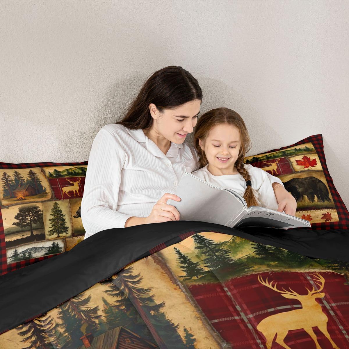 Bear Cabin Plaid Comforter Set Queen, Rustic Farmhouse Bedding Comforter Sets, Retro Hunting Deer Bedding, Country Woodland Pine Tree Duvet Set, Maple Leaf Lodge Decor Down Comforter, Red Black Brown