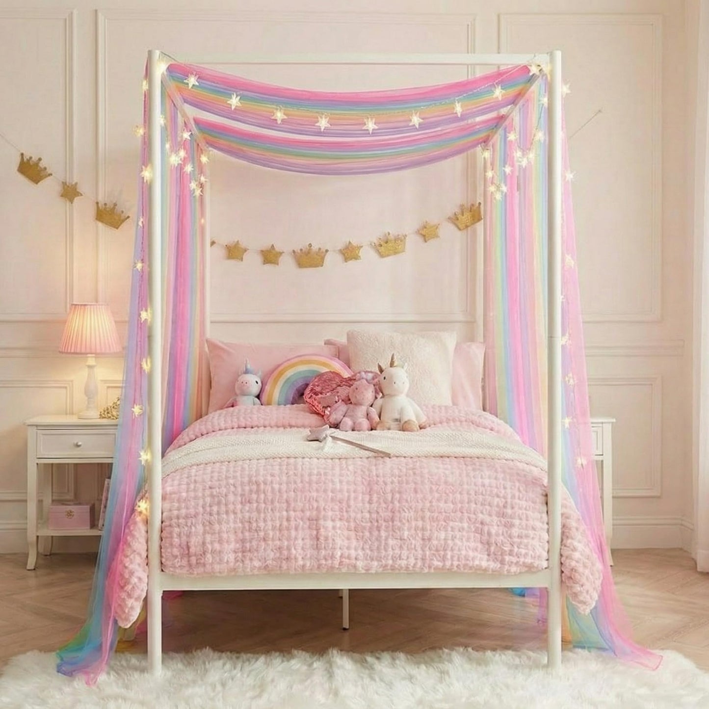 WANFASO Rainbow Bed Canopy for Girls, Sheer Twin Canopy Bed Curtains with Lights, Princess Canopy Scarf for Girls Bed Room Decor (2 Panel)