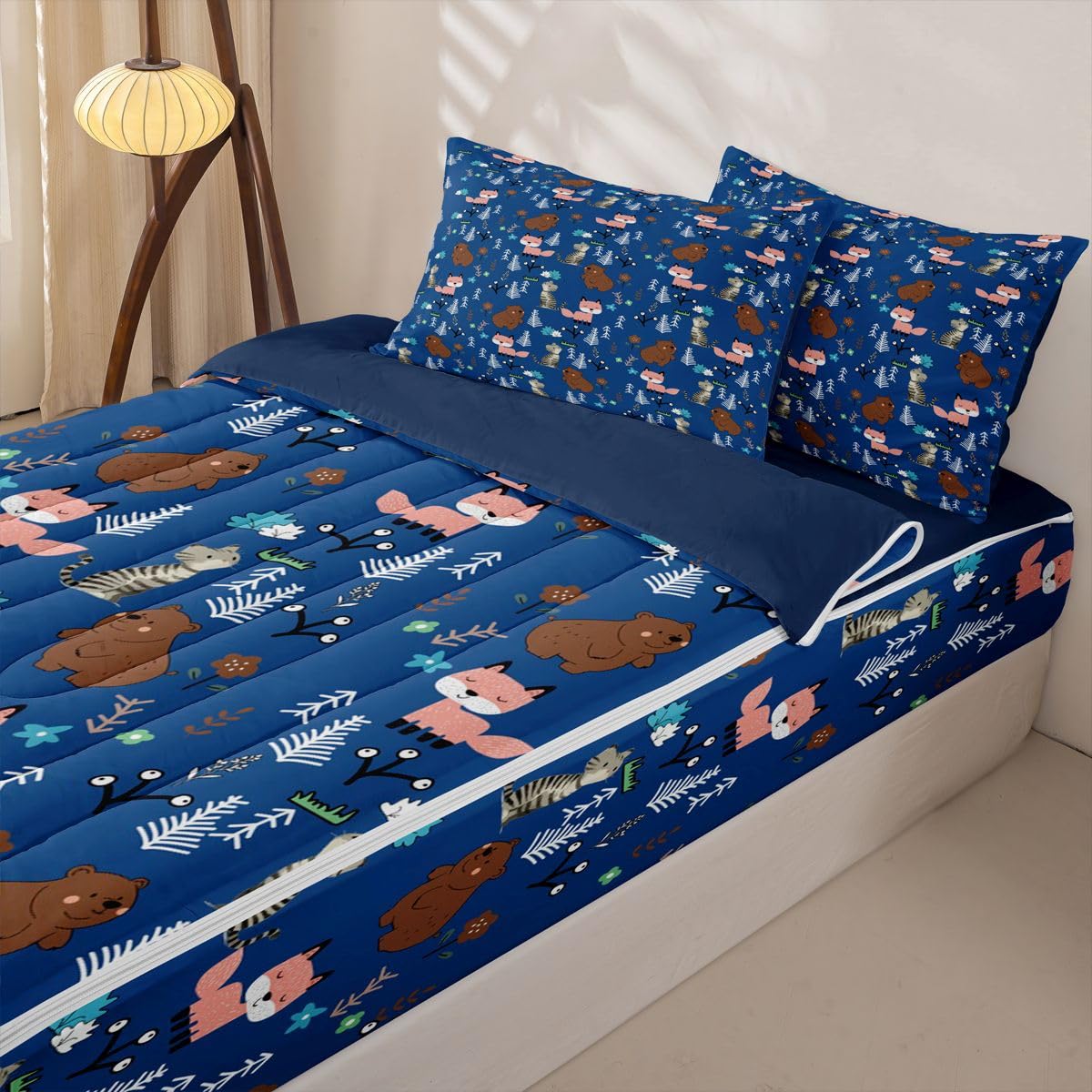Erosebridal Boys Blue Bear Kids Zipper Bedding Set Twin Cartoon Animal Zip Up Comforter Set with Sheets for Child Nursery Fox and Cat Wild Animals Bed in a Bag Woodland Animals Wildlife Bed Sets