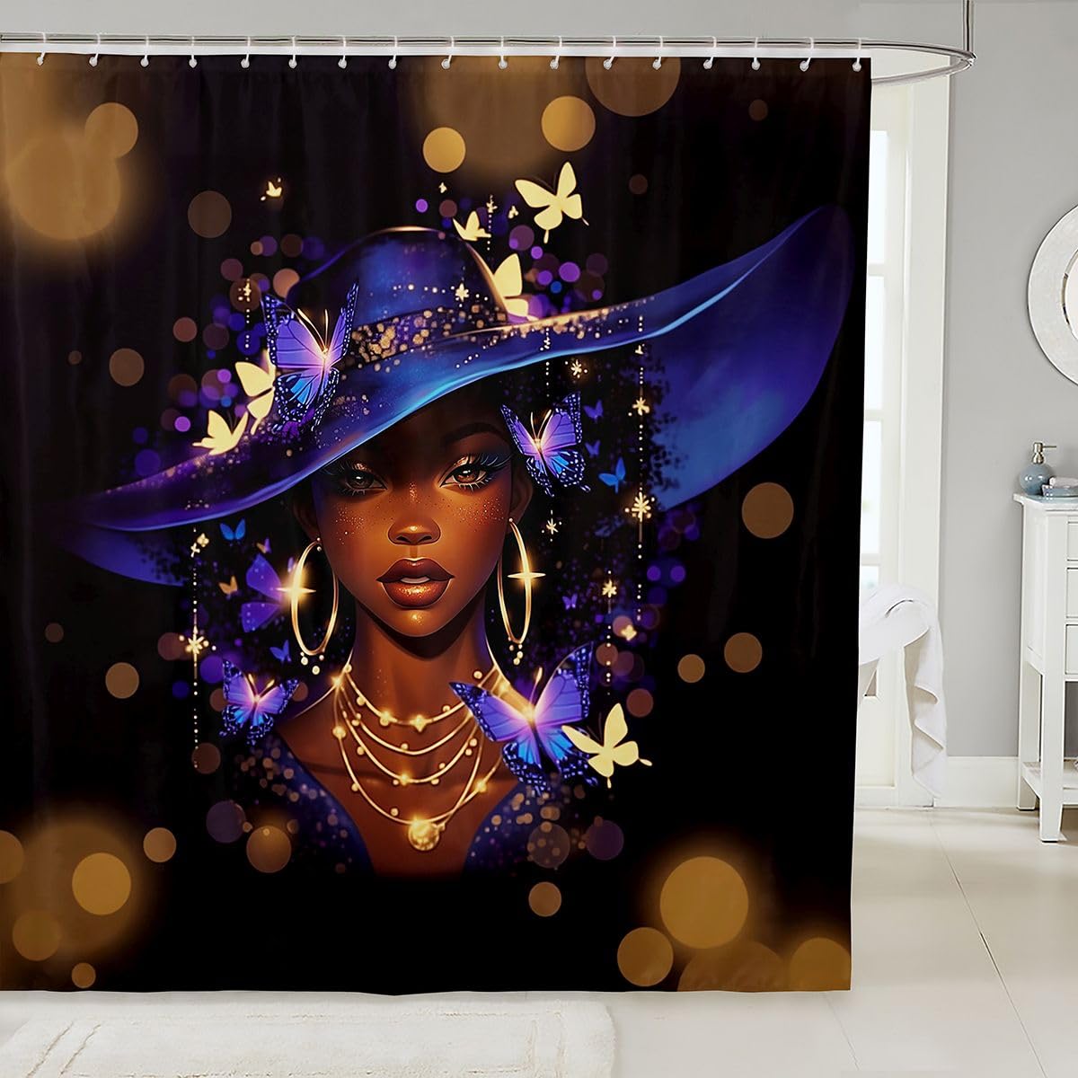 Erosebridal Black Girls Magic Shower Curtain Blue Witch Hat Bath Curtain Women Teen Vibrant Butterfly Bathroom Accessories Stylish Luxury Gold Art Fabric Shower Curtains 72" Wx72 L