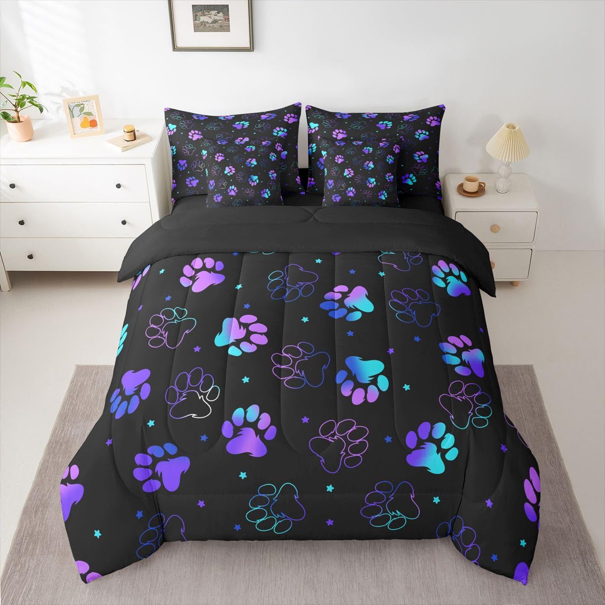 Feelyou Dog Paw Print Comforter Set with Sheets 7 Piece Full Size Pet Animal Bed in a Bag Kids Boys Girls Puppy Dog Bedding Set Cute Bedroom Decor Kawaii Breathable Soft Lightweight Microfiber