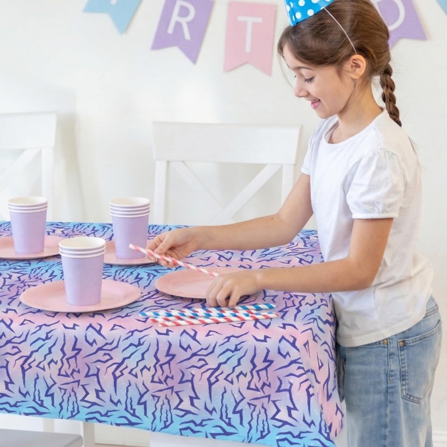 LYYLYYWUHU 2PCS Demon Birthday Hunters Tablecloth Decorations, Purple Energy Lightning Pattern Table Covers for Girls Party Supplies, Plastic Magical Music Themed Disposable Table Cloths 54x108 Inch